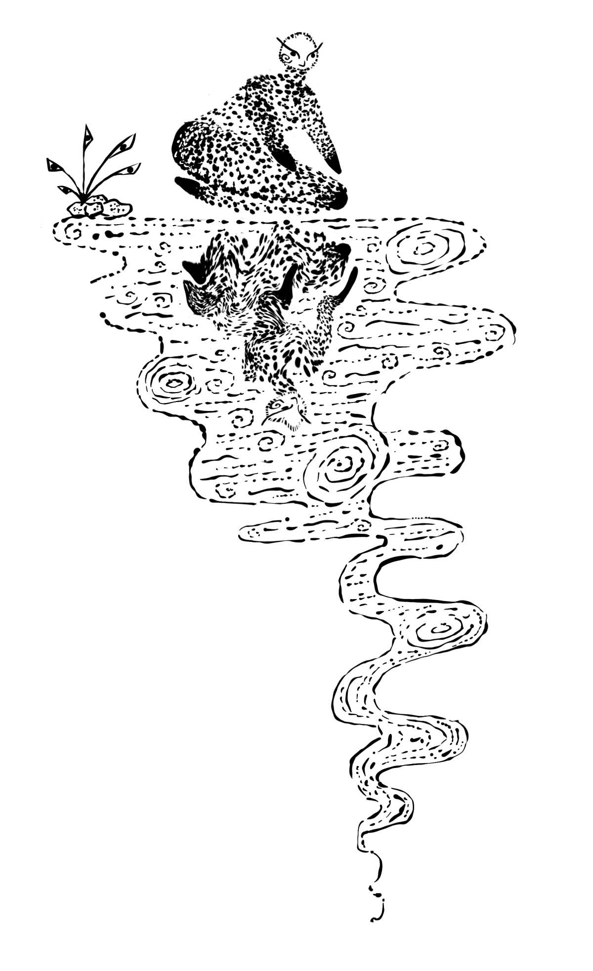 Stylized illustration in black ink of a person looking at their reflection in a body of water