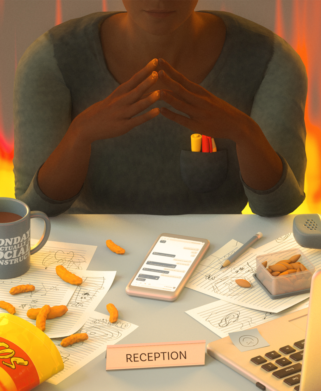 An illustration of a desk labeled 'Reception' with scattered snacks, a mug, papers, a smartphone showing messages, and a person sitting with their hands clasped