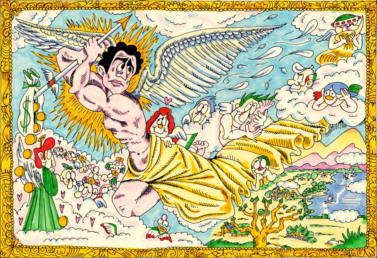 Cartoon illustration of Luigi Mangione as Cupid holding an arrow that slashes through a bag of money. Other little angels watch him adoringly